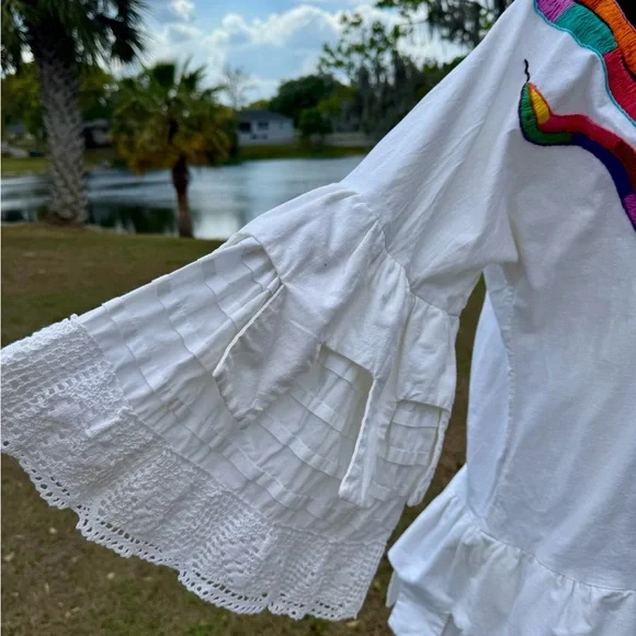 Vtg Paco Silva Mexican Wedding Dress Colorful Embroidery Crochet Lace XL 2X  70s